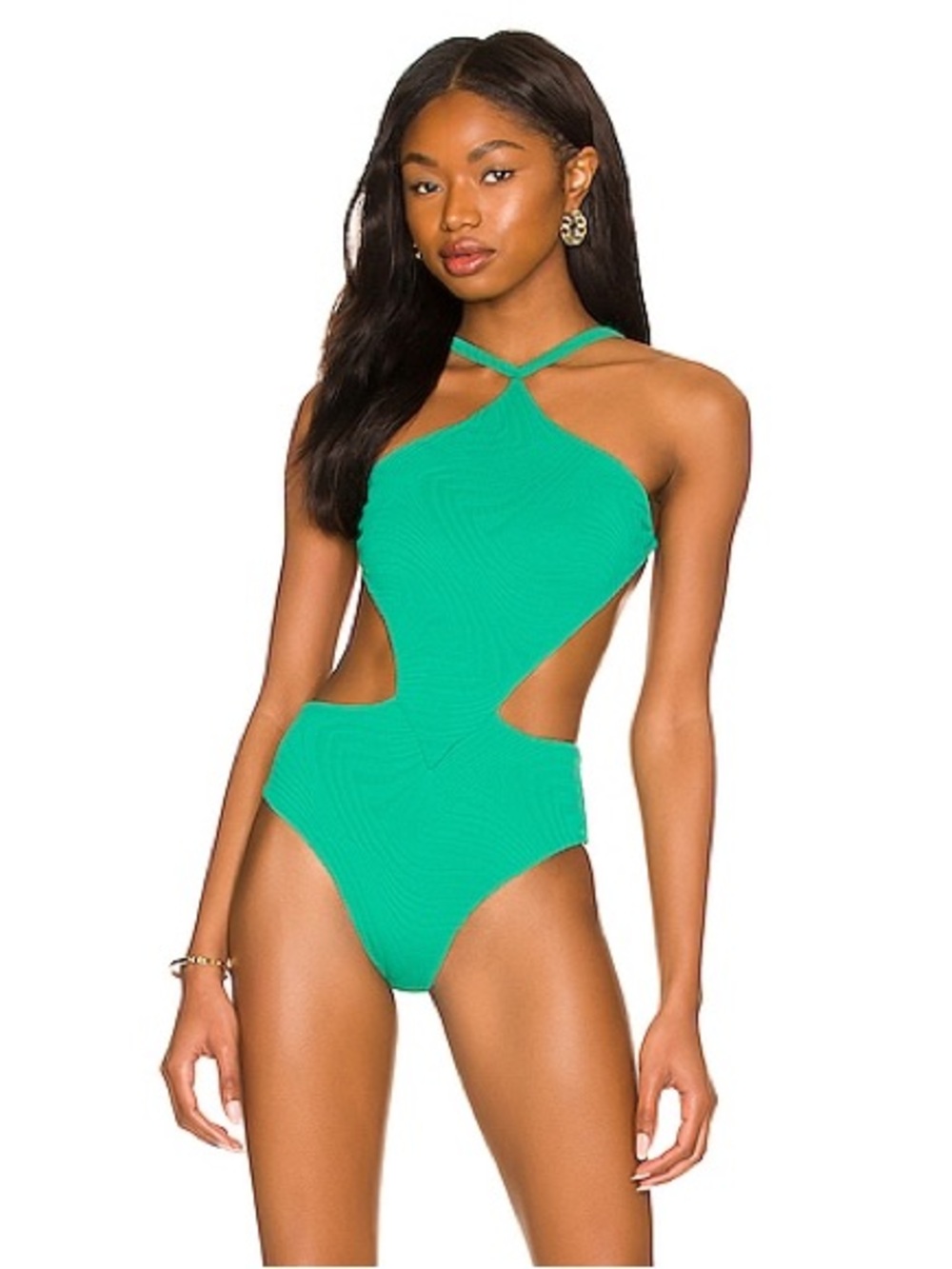 NWT FELLA Swim Sabath Full Piece in Bandeira Green Textured Cut Out Size L